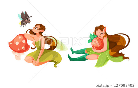 Delightful and whimsical fairies amidst enchanting mushrooms and vibrant berries delight the senses 127098402