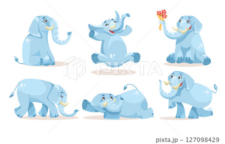 Adorable and Cute Blue Cartoon Elephants Represented in Various Cheerful Poses and Scenes 127098429