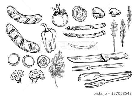 Barbecue dinner set with grilled sausages, fresh vegetables, and utensils vector illustration. Monochrome bratwurst or chorizo griller clip art for family BBQ holiday posters, menus, outdoor cooking. Barbecue dinner set with grilled sausages, fresh vegetables, and utensils vector illustration. Monochrome bratwurst or chorizo griller clip art for family BBQ holiday posters, menus, outdoor cooking. 127098548