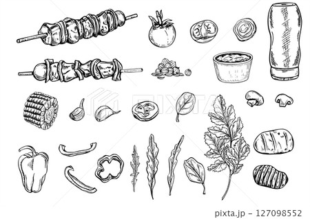 Monochrome vector BBQ set with skewers, grilled veggies, sauces, and spices black ink sketch. Etching drawing of grilled kebab clip art for family picnic, street food market, and cooking blog. Monochrome vector BBQ set with skewers, grilled veggies, sauces, and spices black ink sketch. Etching drawing of grilled kebab clip art for family picnic, street food market, and cooking blog. 127098552
