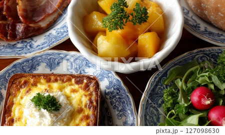 Brightly colored dishes hold delicious brunch items, showcasing a stylish blend of vintage and modern decor 127098630