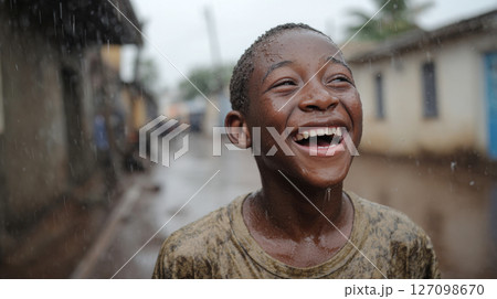 Young boy with joyful expression, laughing in the rain, wearing a wet shirt, surrounded by a blurred urban environment, capturing the essence of childhood happiness and spontaneity Young boy with joyful expression, laughing in the rain, wearing a wet shirt, surrounded by a blurred urban environment, capturing the essence of childhood happiness and spontaneity 127098670