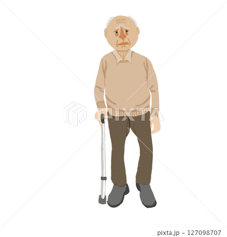杖をついた後期高齢者の男性イラスト|75歳以上・歩行支援・フレイル対策 杖をついた後期高齢者の男性イラスト|75歳以上・歩行支援・フレイル対策 127098707