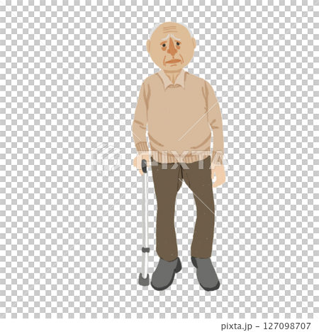 杖をついた後期高齢者の男性イラスト|75歳以上・歩行支援・フレイル対策 杖をついた後期高齢者の男性イラスト|75歳以上・歩行支援・フレイル対策 127098707