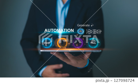 Person holding tablet showing an Automation and AI Generate workflow, Symbolizing digital transformation and process optimization. AI automation, Smart technology solutions for business. Person holding tablet showing an Automation and AI Generate workflow, Symbolizing digital transformation and process optimization. AI automation, Smart technology solutions for business. 127098724