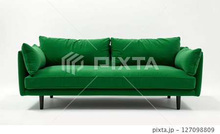Stylish green velvet sofa features soft cushions and a modern design, creating a vibrant focal point in a minimalist space 127098809