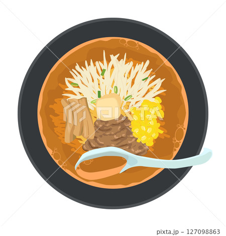 味噌ラーメンのスープをすくうイラスト 127098863