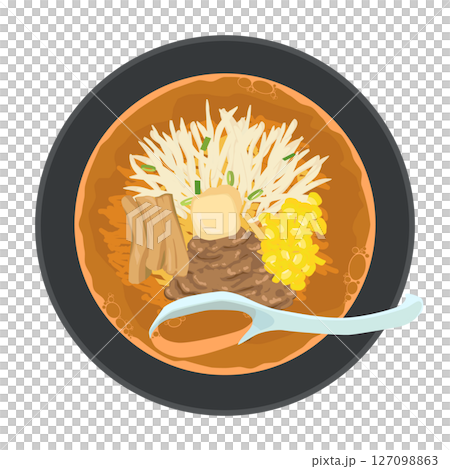 味噌ラーメンのスープをすくうイラスト 127098863
