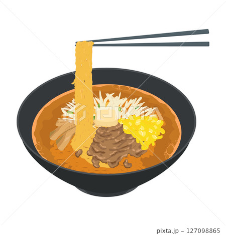 味噌ラーメンの俯瞰箸上げイラスト 127098865