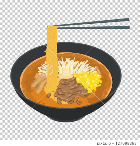 味噌ラーメンの俯瞰箸上げイラスト 127098865