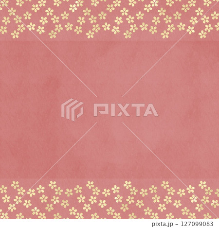 正方形和風花柄テンプレート。ピンクの和紙風の背景の上下に金色の小桜模様　 127099083