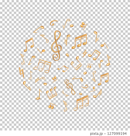 Golden yellow musical notes arranged in circular watercolor composition. Golden sound symbols illustration isolated background. Audio element for concert posters, and festive holiday decorations. 127099194