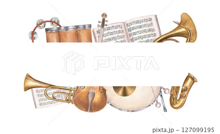 Watercolor musical frame with saxophone, French horn, drum and other instruments isolated background. Horizontal frame with copy space for text. For summer festival poster, concert program Watercolor musical frame with saxophone, French horn, drum and other instruments isolated background. Horizontal frame with copy space for text. For summer festival poster, concert program 127099195