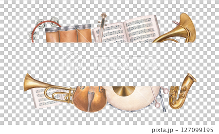 Watercolor musical frame with saxophone, French horn, drum and other instruments isolated background. Horizontal frame with copy space for text. For summer festival poster, concert program Watercolor musical frame with saxophone, French horn, drum and other instruments isolated background. Horizontal frame with copy space for text. For summer festival poster, concert program 127099195