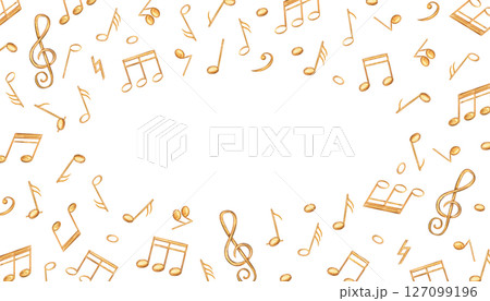 Musical notes horizonal border with empty space for text. Golden sound symbols in watercolor style isolated illustration. Audio element rectangle frame for elegant invitation, holiday concert program 127099196