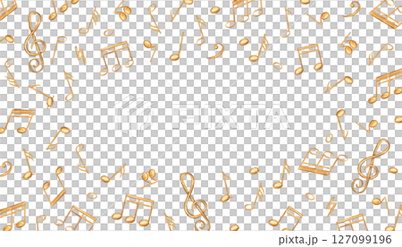Musical notes horizonal border with empty space for text. Golden sound symbols in watercolor style isolated illustration. Audio element rectangle frame for elegant invitation, holiday concert program 127099196