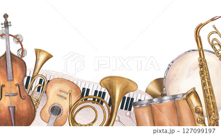 Watercolor musical border with guitar, saxophone, piano, and other instruments isolated background. Rectangle frame with copy space for text. For summer music festival poster, outdoor concert program 127099197