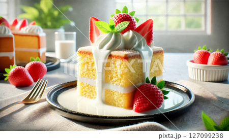 These images showcase a moist slice of tres leches cake topped with whipped cream, fresh strawberries, and mint leaves. The bright natural lighting highlights the soft texture of the cake, with creamy 127099238