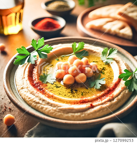 Close-up images of creamy hummus topped with whole chickpeas, drizzled with olive oil, and garnished with fresh parsley. Served alongside toasted pita bread, the setting is rustic and earthy 127099253