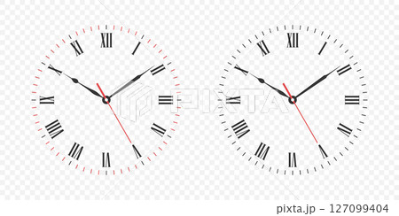 Vector Clock Face Set with Roman Numerals. Vector Clock Face Illustration with Hour, Minute and Second Hands. Isolated Classic Clock Face Design for Time Concept, Education, Decor and Watch Mockup 127099404