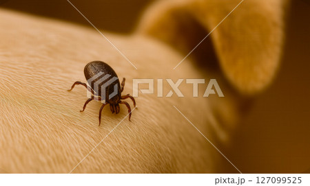 Brown tick crawling on short beige dog fur near the ear in a detailed close-up image 127099525