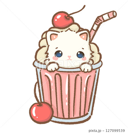 Cute white kitten inside a cherry milkshake, kawaii fruit cat clipart, sweet cartoon animal, cherry lover, adorable baby pet art, kids nursery design, pastel aesthetic, digital sticker 127099539