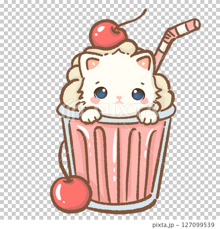 Cute white kitten inside a cherry milkshake, kawaii fruit cat clipart, sweet cartoon animal, cherry lover, adorable baby pet art, kids nursery design, pastel aesthetic, digital sticker 127099539