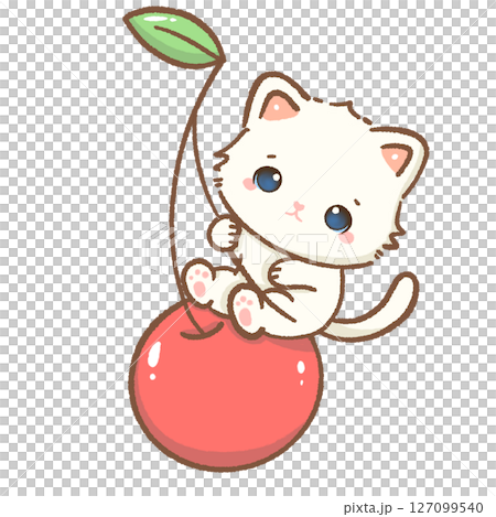 Cute white kitten sitting on a giant cherry, kawaii fruit cat clipart, sweet cartoon animal, cherry lover, adorable baby pet art, kids nursery design, pastel aesthetic, digital sticker 127099540