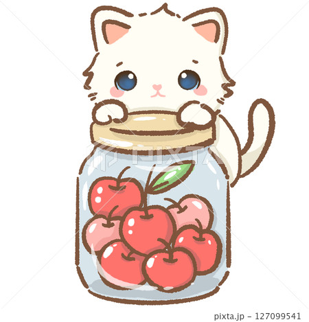 Cute white kitten hiding behind a giant jar full of Cherries, kawaii fruit cat clipart, sweet cartoon animal, cherry lover, adorable baby pet art, kids nursery design, pastel aesthetic 127099541
