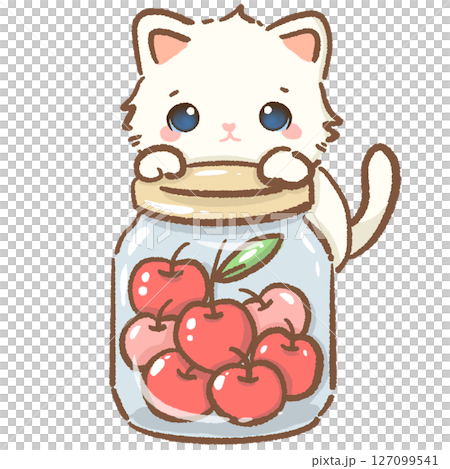 Cute white kitten hiding behind a giant jar full of Cherries, kawaii fruit cat clipart, sweet cartoon animal, cherry lover, adorable baby pet art, kids nursery design, pastel aesthetic 127099541