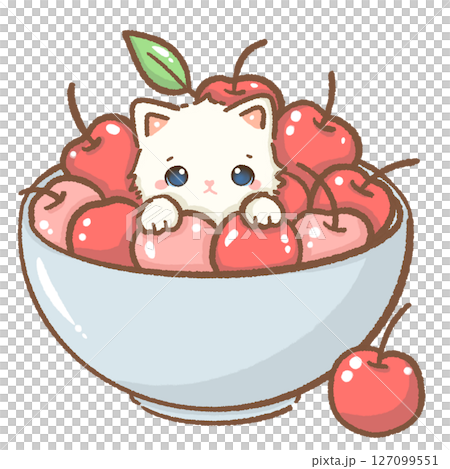 Cute white kitten inside a cherry bowl full of cherries, kawaii fruit cat clipart, sweet cartoon animal, cherry lover, adorable baby pet art, kids nursery design, pastel aesthetic, digital sticker Cute white kitten inside a cherry bowl full of cherries, kawaii fruit cat clipart, sweet cartoon animal, cherry lover, adorable baby pet art, kids nursery design, pastel aesthetic, digital sticker 127099551