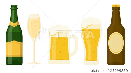 Beer and champagne drink collection with bottles and glasses 127099820
