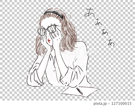頬杖をついて嘆く女性 127100015