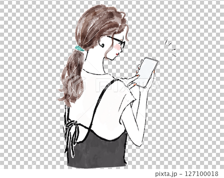 A woman holding a smartphone and touching it 127100018