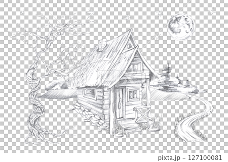 Landscape with a wooden rural house, against the backdrop of a starry sky and a forest. Isolated pencil illustration on the theme of a magical forest for the design of postcards, coloring books. Landscape with a wooden rural house, against the backdrop of a starry sky and a forest. Isolated pencil illustration on the theme of a magical forest for the design of postcards, coloring books. 127100081