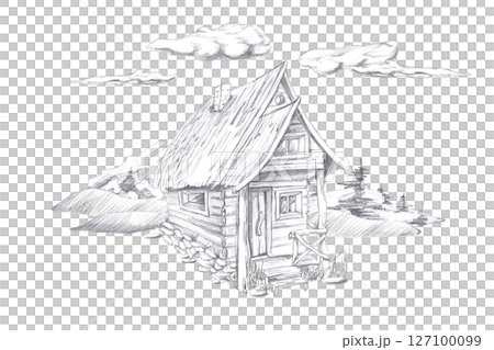 Landscape with wooden farmhouse and hills and forest in the background. Isolated pencil illustration on the theme of a magical forest for the design of postcards, coloring books, poster prints. Landscape with wooden farmhouse and hills and forest in the background. Isolated pencil illustration on the theme of a magical forest for the design of postcards, coloring books, poster prints. 127100099