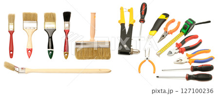 Large collection of various tools for work isolated on white 127100236
