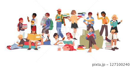 Crowd of happy smart children cartoon student characters with books back to school together Crowd of happy smart children cartoon student characters with books back to school together 127100240