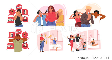 People suffering from noise pollution feeling anxiety and annoyance covering ears cartoon scene 127100241