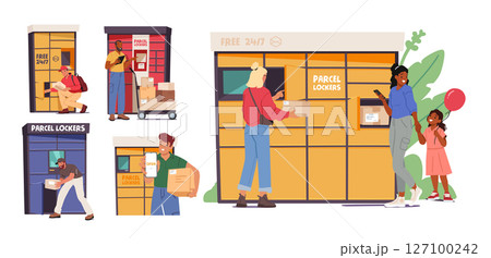 People characters using self service delivery post and public parcel lockers isolated scene set People characters using self service delivery post and public parcel lockers isolated scene set 127100242