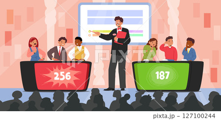 Children taking part in quiz game show answering question and solving objectives vector illustration 127100244