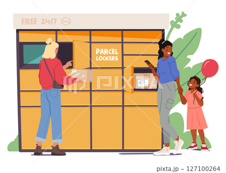 People characters using local parcel lockers self service available round-the-clock cartoon scene 127100264