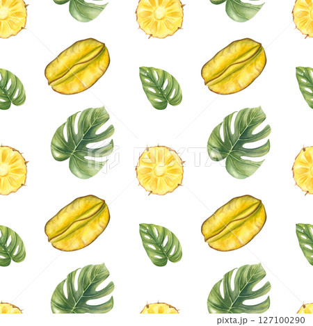 Tropical watercolor seamless pattern with carambola slices, pineapple rings and monstera leaves isolated background. Fruit and tropical leaves for summer packaging, healthy food branding, resort decor 127100290