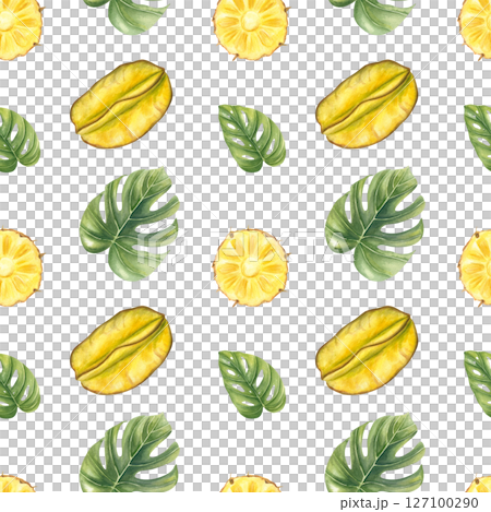 Tropical watercolor seamless pattern with carambola slices, pineapple rings and monstera leaves isolated background. Fruit and tropical leaves for summer packaging, healthy food branding, resort decor 127100290