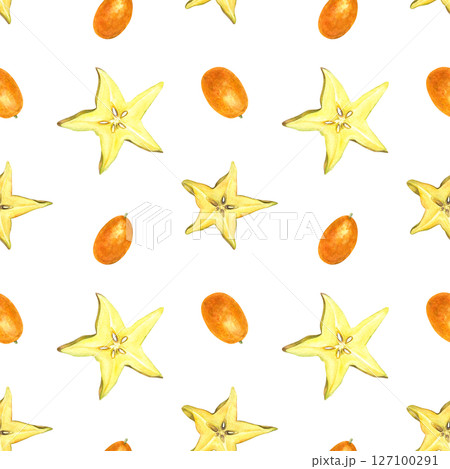 Kumquats and carambola slices watercolor seamless pattern isolated on white background. Star fruit and orange berries for summer beverage labels, exotic interior decor, healthy lifestyle branding. 127100291