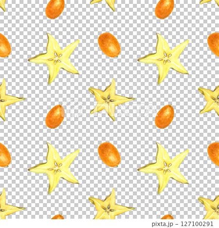 Kumquats and carambola slices watercolor seamless pattern isolated on white background. Star fruit and orange berries for summer beverage labels, exotic interior decor, healthy lifestyle branding. 127100291