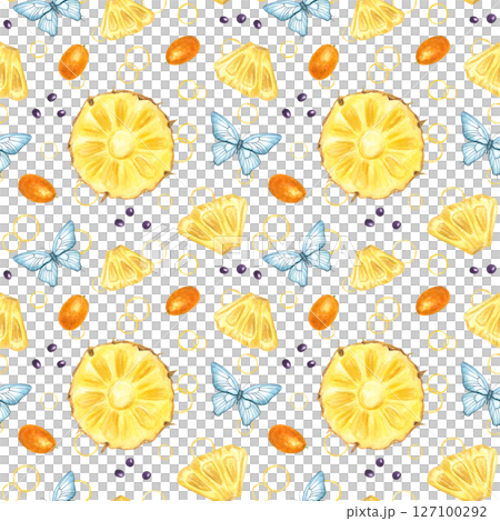 Sunshine juicy tropical whimsical watercolor seamless pattern with pineapple slices, kumquats, blue butterflies, seeds and abstract circles. Hand painted fruits ornate for packaging, summer textiles. 127100292