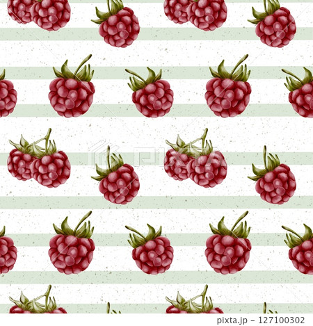 Watercolor raspberry pattern on striped background for textile and packaging design Watercolor raspberry pattern on striped background for textile and packaging design 127100302