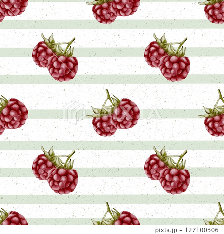 Pattern of raspberries on green and white striped background for textile design Pattern of raspberries on green and white striped background for textile design 127100306