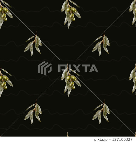 Patterns of olive branches in a seamless watercolor design on a dark background 127100327